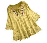 Womens Summer Loose Tops V-Neck Lace Crochet Half Sleeve Shirts Casual Chiffon Blouses Flowy Blouses Shirts(Za Yellow,3XL)