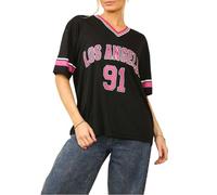 Womens Summer Los Angeles 91 Print Oversized Pullover Sports Jersey Tees Top Ladies Streetwear Short Sleeve Stripe V Neck Number Printed T Shirt Tops Black
