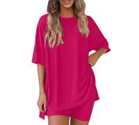 Womens Summer Lounge Wear Sets Short Sleeve Tracksuit Crew Neck Solid Color Tops and Loose Shorts Summer 2 Piece Outfit with Pockets Ladies Co ord Sets Casual Leisure Wear Set