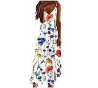 Womens Summer Maxi Boho Beach Dresses Floral Print Dress V Neck Sleeveless Spaghetti Strappy High Waist Flowy Long Midi Dresses A-Line Sundresses Holiday Essentials Loungewear Clothes