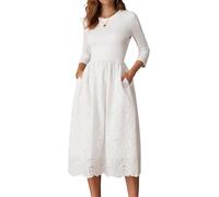 Women's Summer Maxi Casual Long Dress 3/4 Sleeve Crew Neck Flared A Line Dress Elegant Midi Hollow Stitching Dress XL White Size 20