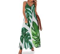 Women's Summer Maxi Dress,Casual Deep V Neck Spaghetti Strap Sleeveless Green Monstera Leaves Tropical Rainforest Casual Long Dresses,Ladies Flowy Swing A-Line Beach Dress
