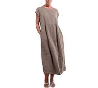 Womens Summer Maxi Dress Cotton Linen Dresses for Women Crew Neck Sleeveless Vintage Dress Pockets Solid Retro Long Dress Linen Loose Baggy Kaftan Dress Beach Vacation Boho Flowy Long Sundress Khaki