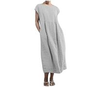 Womens Summer Maxi Dress Cotton Linen Dresses for Women Crew Neck Sleeveless Vintage Dress Pockets Solid Retro Long Dress Linen Loose Baggy Kaftan Dress Beach Vacation Boho Flowy Long Sundress Gray