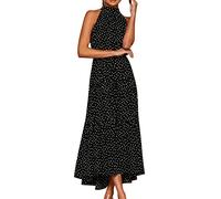 Womens Summer Maxi Dress Polka Dot Halter Neck Sleeveless Boho Beach Dresses for Women UK Elegent Ruffle Swing Sundresses Ladies Casual Bohemian Tie Waist Flowy Long Dress for Holiday Beachwear Black