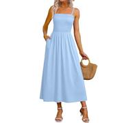 Women's Summer Maxi Dress Smocked Square Neck Spaghetti Strap Shirred Bodice A-Line Flowy Long Sundress with Pockets Boho Beach Holiday Vacation Casual Ladies Cami Elegant Swing Dress