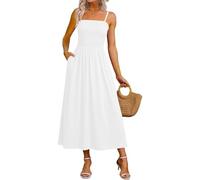 Women's Summer Maxi Dress Smocked Square Neck Spaghetti Strap Shirred Bodice A-Line Flowy Long Sundress with Pockets Boho Beach Holiday Vacation Casual Ladies Cami Elegant Swing Dress