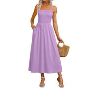 Women's Summer Maxi Dress Smocked Square Neck Spaghetti Strap Shirred Bodice A-Line Flowy Long Sundress with Pockets Boho Beach Holiday Vacation Casual Ladies Cami Elegant Swing Dress Purple