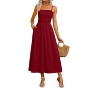 Women's Summer Maxi Dress Smocked Square Neck Spaghetti Strap Shirred Bodice A-Line Flowy Long Sundress with Pockets Boho Beach Holiday Vacation Casual Ladies Cami Elegant Swing Dress