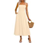 Women's Summer Maxi Dress Smocked Square Neck Spaghetti Strap Shirred Bodice A-Line Flowy Long Sundress with Pockets Boho Beach Holiday Vacation Casual Ladies Cami Elegant Swing Dress Beige