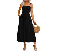 Women's Summer Maxi Dress Smocked Square Neck Spaghetti Strap Shirred Bodice A-Line Flowy Long Sundress with Pockets Boho Beach Holiday Vacation Casual Ladies Cami Elegant Swing Dress Black