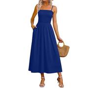 Women's Summer Maxi Dress Smocked Square Neck Spaghetti Strap Shirred Bodice A-Line Flowy Long Sundress with Pockets Boho Beach Holiday Vacation Casual Ladies Cami Elegant Swing Dress Blue