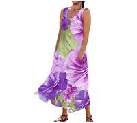 Women's Summer Maxi Dresses Elegant Swing Floral Printed Round Neck Sleeveless Dresses Oversized Maxi Tank Dress with Pockets Women UK Black Dress (Purple, XL)