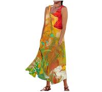 Womens Summer Maxi Dresses Elegant Swing Floral Printed Round Neck Sleeveless Dresses Oversized Maxi Tank Dress with Pockets Party Dress for Women (Orange, XL)