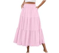 Women's Summer Maxi Skirt High Elasticated Waist Flowy Long Skirts with Pockets Spring Summer Basic Solid Color Casual Elegant A Line Skirts for Ladies Swing Beach Boho Skirt Pink