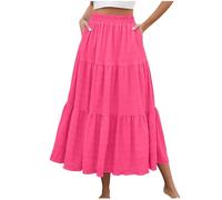 Women's Summer Maxi Skirt High Elasticated Waist Flowy Long Skirts with Pockets Spring Summer Basic Solid Color Casual Elegant A Line Skirts for Ladies Swing Beach Boho Skirt Hot Pink