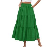 Women's Summer Maxi Skirt High Elasticated Waist Flowy Long Skirts with Pockets Spring Summer Basic Solid Color Casual Elegant A Line Skirts for Ladies Swing Beach Boho Skirt Green