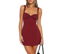Women's Summer Mini Dresses Sexy Lace Straps Sweetheart Neckline Backless Cocktail Party Bodycon Dress, Burgundy, XS