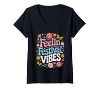 Womens Summer Music Literary Art Festival Camping Vacation Holiday V-Neck T-Shirt