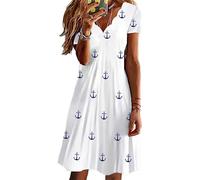 Womens Summer Nautical Anchor Printed Short Sleeve Casual Swing Mini Dress Marine Sailor Dress for Beach Vacation, White, 3XL