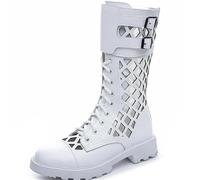 Women's Summer New Sandal Boots Motorcycles Boots Platform Heels Chunky Heel Side Zipper Flat Thigh High Boots(White,37)