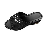 Women's Summer New Sequins Fashion Europe and The States Outside Wear Heightening Comfortable Thick Bottom Slope with Sandals Slippers Wedge Thong Sandals for Women (Black, 7.5)