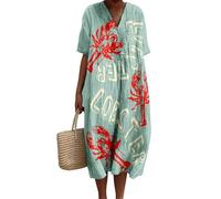 Women's Summer Ocean Fish Red Lobsters Floral Print Dresses V Neck Short Sleeve Flowy Boho Casual Beach Tshirt Dress
