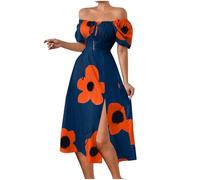 Women's Summer Off Shoulder Short Sleeve Midi Dress Ladies Bandeau Elegant Sexy Dresses Side Split Holiday Beach Flowy Dresses Party Evening Prom Dress Floral Print Casual Sundress Dark Blue
