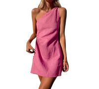 Women's Summer One Shoulder Mini Dress Casual Sleeveless Cotton Linen Slim Fit Tank Dress Backless A-Line Beach Party Mini Sundress (Pink, M)