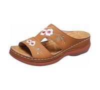 Women's Summer Open Shoes with Wedge - Women's Slave Leather Sandals with Arch Arch Orthopaedic Slippers Floral Embroidery Soft Sole Sandals Lightweight Comfortable Casual Sports Shoes, brown, 9 UK