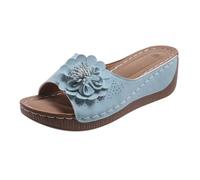 Women's Summer Open Slippers, Women's Mules with Wedge Heel, Slippers, Fish Mouth Slippers, Flowers, Beach Shoes, Soft Non-Slip Flat Shoes, Comfortable Outdoor Shoes, Lightweight Clogs, sky blue, 6 UK