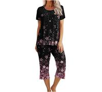 Womens Summer Pajama Sets UK Sale Clearance, Ladies Short Sleeve Pyjamas Set Round Neck Shirt 3/4 Length Pants Outfit Floral Printed Sleepwear Lounge Wear Lightweight Loungewear Tracksuit Sets