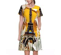 Women's Summer Paris Eiffel Tower Print Casual Short Sleeve Swing Dress with Pockets,Breathable Comfortable, Black, L