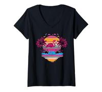 Women's Summer Pink Flamingo Beach Vibes Tropical Hawaiian Palm Tree V-Neck T-Shirt