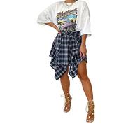 Women's Summer Plaid Short Skirt, High Elastic Waisted Tie-Up Knot Front Asymmetrical Hem Fake Skirts Shirt Style Loose Pleated A-Line Skirt (Dark Blue, Medium)