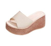 Women's Summer Platform Sandals with Heels A Brida Pattern Elegant Casual Leather Open Heel Comfortable Flat Sandals Women Suede Vintage Square Heel Sandals, beige, 8 UK