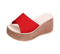 Women's Summer Platform Sandals with Heels A Brida Pattern Elegant Casual Leather Open Heel Comfortable Flat Sandals Women Suede Vintage Square Heel Sandals, red, 5.5 UK