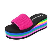 Women's Summer Platform Slide Slippers Fashion Rainbow Wedge Slippers Sandals High Heel Roman Bath Platform Women's Shoes Slippers Beach Sandals Lightweight Breathable Slippers for Women (Hot Pink, 4)