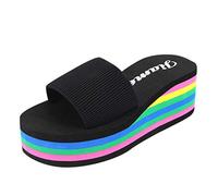 Women's Summer Platform Slide Slippers Fashion Rainbow Wedge Slippers Sandals High Heel Roman Bath Platform Women's Shoes Slippers Beach Sandals Lightweight Breathable Slippers for Women (Black, 5.5)