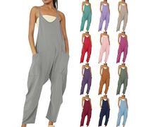 Womens Summer Playsuit Cotton Dungarees with Pocket Casual Loose Sleeveless V Neck Spaghetti Strap Romper Harem Pants Overalls Baggy Lightweight Playsuits Loungewear Going Out Outfits