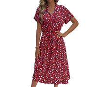 Women's Summer Polka Dot Print Shirt Dress Vintage Short Sleeve Button Down Ruffle High Waist Swing Midi Dress (Pattern-A,L)