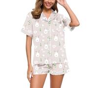 Women's Summer Pyjama Set, Women's Short, Pjs Sets Shorty Two-Piece Sleepwear Lapel with Buttons Nightwear Casual Lightweight Short Sleeve T-Shirt and Sleep Shorts Bathrobe Printed Halloween