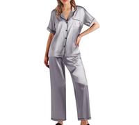 Womens Summer Pyjamas 4XL Pyjamas Soft Satin Nightwear Ladies Pyjama Classic Short Sleeve Tops and Pjs Trousers Bottoms Two Piece Sets Cosy Pajama Outfits Silk Sleepwear Loungewear Co ord Sets Silver