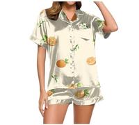Women's Summer Pyjamas, Muslin Pyjamas, Short Two-Piece Sleepwear with Button Placket, Lapel Collar, Nightwear, Comfortable, Casual, Short Sleeve Shirt and Sleep Shorts, Dressing Gown, Printed Summer