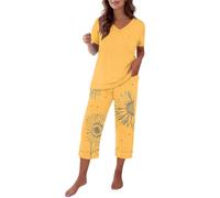 Womens Summer Pyjamas Set 2 Piece Short Sleeve Floral Print Pyjama Set Soft Comfy Cotton V Neck Loungewear Tops and Capri Pants with Pockets Lightweight Breatheable Sleepwear Nightwear Yellow