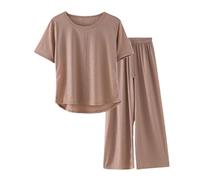 Womens Summer Pyjamas Sets Two Piece Pj Sets for Women Men Crew Neck Short Sleeve Tops and Loose Wide Leg Pants Summer Solid Color Pjs Set Loungewear Oversized Sleepwear with Drawstring