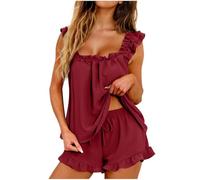 Womens Summer Pyjamas Shorts Set Women's Pyjamas Set Ruffle Two Piece Pjs Sleeveless Tank Tops & Comfy Shorts Summer Lightweight Nightwear Lounge Bridal Pajama Sleepwear Comfortable Short Co Ord Sets