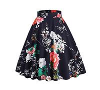 Women's Summer Retro Maxi Skirt Pleated High Waist Floral Printed Skirt Adult Full Circle Midi 50s A-Line Party Prom Swing Fluffy Rockabilly Vintage Bell Black