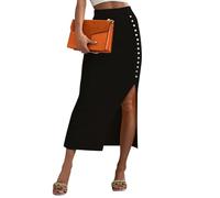 Womens Summer Ribbed Knitted Stretchy Midi Pencil Skirts Button Front Casual Bodycon Side Split Long Skirts Black