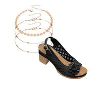 Women's Summer Roman Sandals & 3-Pack Adjustable Anklets Set Retro Bohemian Wedge Sandals with Block Heel & Ankle Strap Floral Open Toe Slingback Platform Shoes Cocktail Parties Date Nights